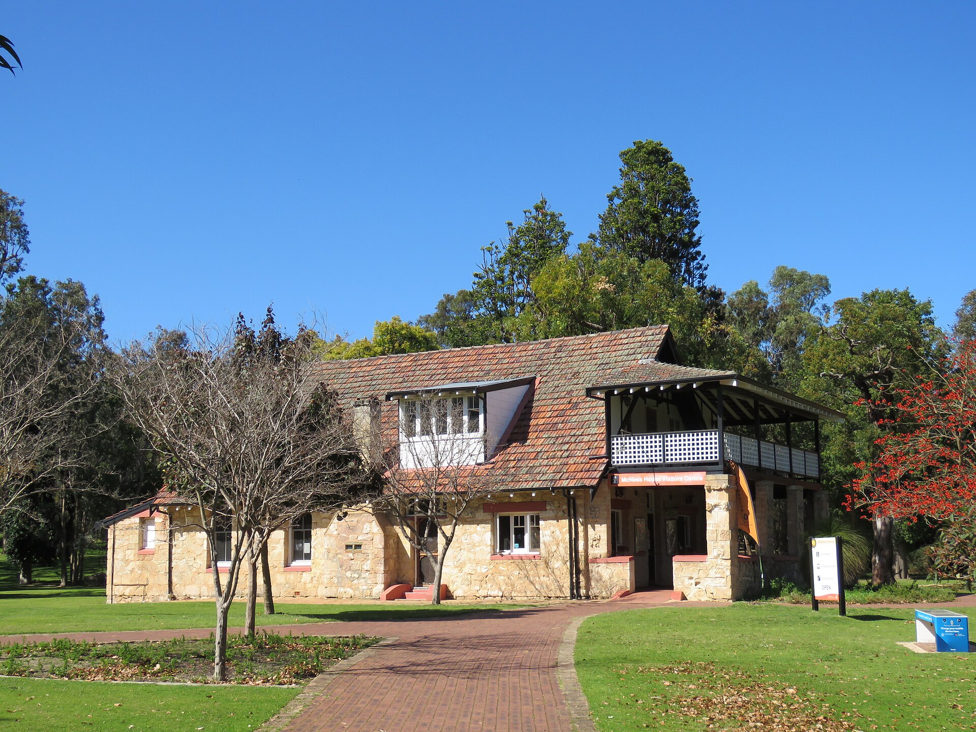 McNess House Visitor Centre limestone building and brick path, Yanchep National Park
